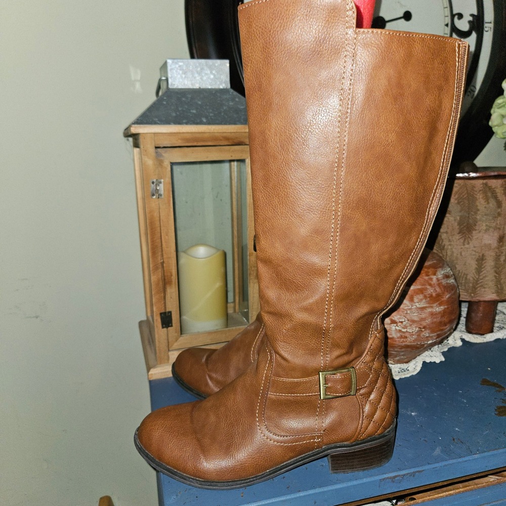 Arizona Tall Riding Boots Womens 9 Cognac Brown Quilted Buckle Side Zip Boots